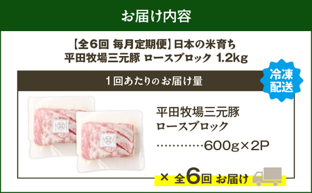 【 全6回 毎月 定期便 】 日本 の 米育ち 平田牧場 三元豚 ロース ブロック 1.2kg T036-T07-02 肉 豚肉