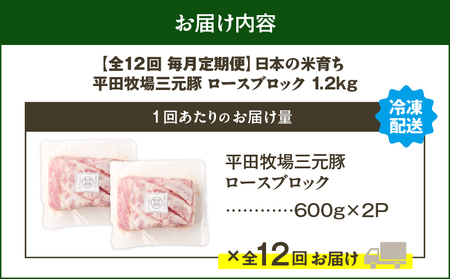 【 全12回 毎月 定期便 】 日本 の 米育ち 平田牧場 三元豚 ロース ブロック 1.2kg T036-T07-03 肉 豚肉