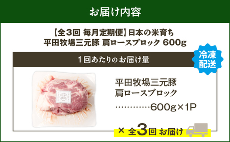 【 全3回 毎月 定期便 】 日本 の 米育ち 平田牧場 三元豚 肩ロース ブロック 600g T036-T10-01 肉 豚肉