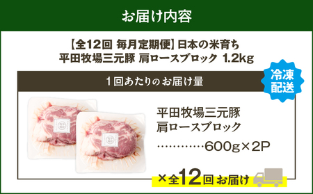 【全12回 毎月定期便】日本の米育ち 平田牧場 三元豚 肩ロースブロック 1.2kg　T036-T11-03 肉 豚肉