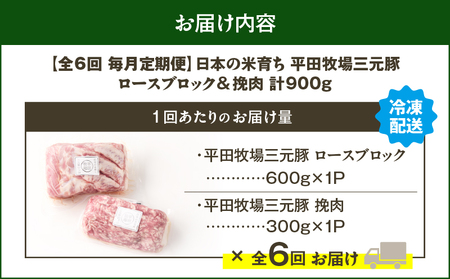 【 全6回 毎月 定期便 】 日本 の 米育ち 平田牧場 三元豚ロース ブロック 600g ・ 三元豚挽肉 300g T036-T13-02 肉 豚肉