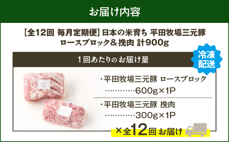 【 全12回 毎月 定期便 】 日本 の 米育ち 平田牧場 三元豚ロース ブロック 600g ・ 三元豚挽肉 300g T036-T13-03 肉 豚肉