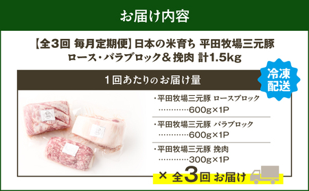 【 全3回 毎月 定期便 】 日本 の 米育ち 平田牧場 三元豚 バラブロック 600g ・ 豚ロースブロック 600g ・ 豚挽肉 300g T036-T14-01 肉 豚肉