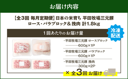 【 全3回 毎月 定期便 】 日本 の 米育ち 平田牧場 三元豚 バラブロック 600g ・ 豚ロースブロック 600g ・ 豚挽肉 600g T036-T15-01 肉 豚肉