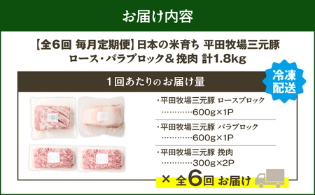 【 全6回 毎月 定期便 】 日本 の 米育ち 平田牧場 三元豚 バラブロック 600g ・ 豚ロースブロック 600g ・ 豚挽肉 600g T036-T15-02 肉 豚肉