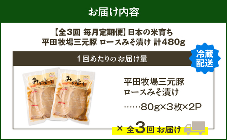 【 全3回 毎月 定期便 】 日本 の 米育ち 平田牧場 三元豚 ロース みそ漬け 80g × 3枚 × 2P T036-T16-01 肉 豚肉
