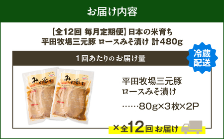 【 全12回 毎月 定期便 】 日本 の 米育ち 平田牧場 三元豚 ロース みそ漬け 80g × 3枚 × 2P T036-T16-03 肉 豚肉