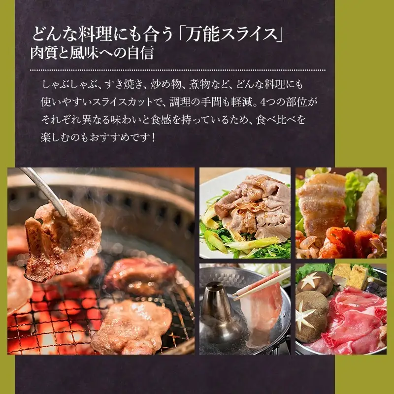 鶴岡産三元豚「桜美豚」スライス4種セット（ロース・肩ロース・バラ・モモ）各約200g（計約800g）　K-734　豚肉　長南牛肉店
