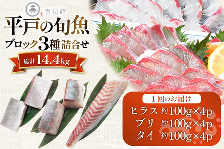 魚 刺身 刺身用 ブロック 3種 12回 定期便 総計 約14.4kg [百旬館 長崎県 平戸市 hr42bhb460014]