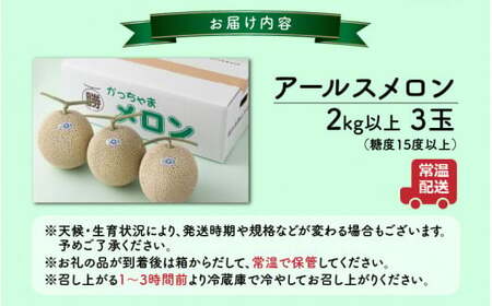 【令和8年産　先行予約】若猪野アールスメロン 2kg 以上 3玉 箱入り ※2026年8月下旬より順次発送 [A-011015]