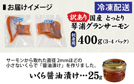 【訳あり】 国産 とっとり琴浦グランサーモン刺身用 400ｇ いくら付 小分け個包装で便利