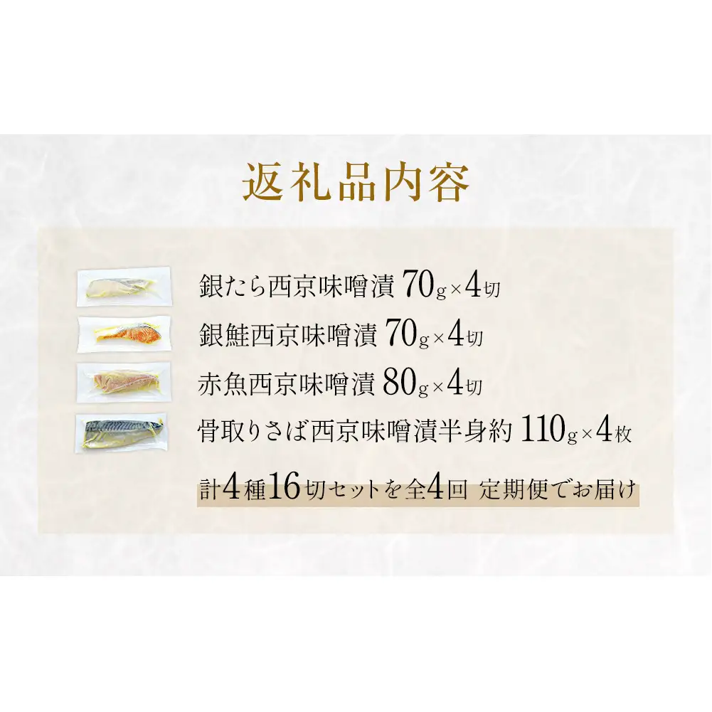 定期便 全4回 老舗の西京漬け詰め合わせ（ 銀たら・銀鮭・骨取りサバ・赤魚 ）4種16入 セット