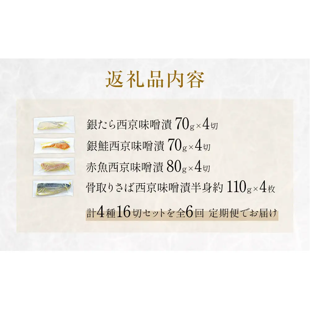 定期便 全6回 老舗の西京漬け詰め合わせ（ 銀たら・銀鮭・骨取りサバ・赤魚 ）4種16入 セット