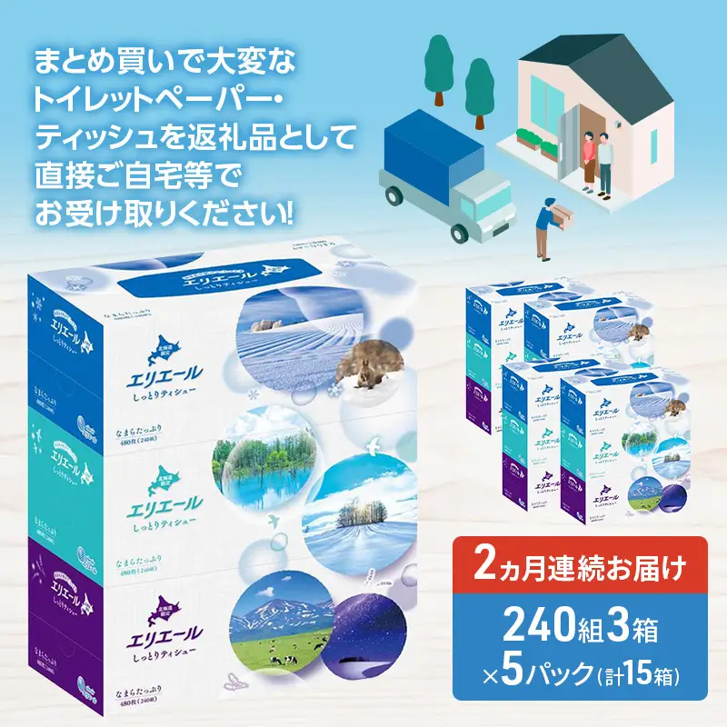 定期便 2ヵ月連続お届け エリエール ハーフサイズ 収納に便利 コンパクト 【少量5パック】 北海道 しっとりティシュー なまらたっぷり 240組3箱 5パック 計15箱 ボックスティシュー ふるさと納税限定デザイン