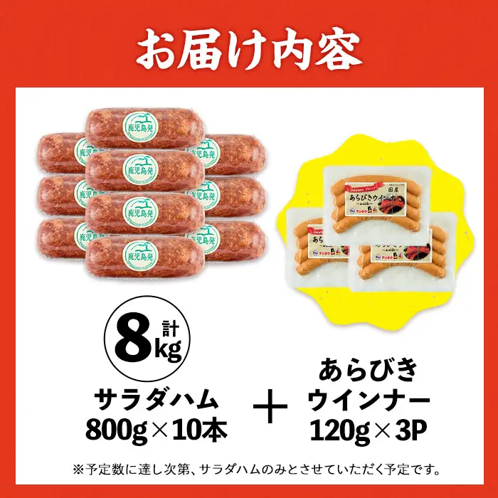 サラダ ハム (業務用)  約800g×10本 計8kg ＋ あらびきウインナー 120g×3P 【ナンチク】i1201-B-om