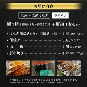 三河一色産 うなぎ蒲焼き 中2尾、白焼き 中2尾 ＋ 肝串焼き 4本 蒲焼タレ 肝串焼き お魚 湯煎 惣菜 セット 簡単調理 冷凍 幸田町 送料無料