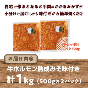 牛ホルモン熟成みそ味付き (計1kg:500g×2パック)牛ホルモン 熟成みそ おつまみ おかず 惣菜 弁当 バーベキュー 手作り 簡単調理 冷凍 下味付き＜離島配送不可＞【ksg1845】【博多食肉】