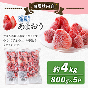 冷凍 あまおう (計4kg・800g×5袋) いちご イチゴ 苺 ストロベリー 果物 フルーツ おやつ デザート 冷凍 アマオウ 旬 小分け アイス シャーベット ジャム スムージー 冷凍フルーツ 真空パック 小分け 【農産物直売所ほたるの里】as52-014
