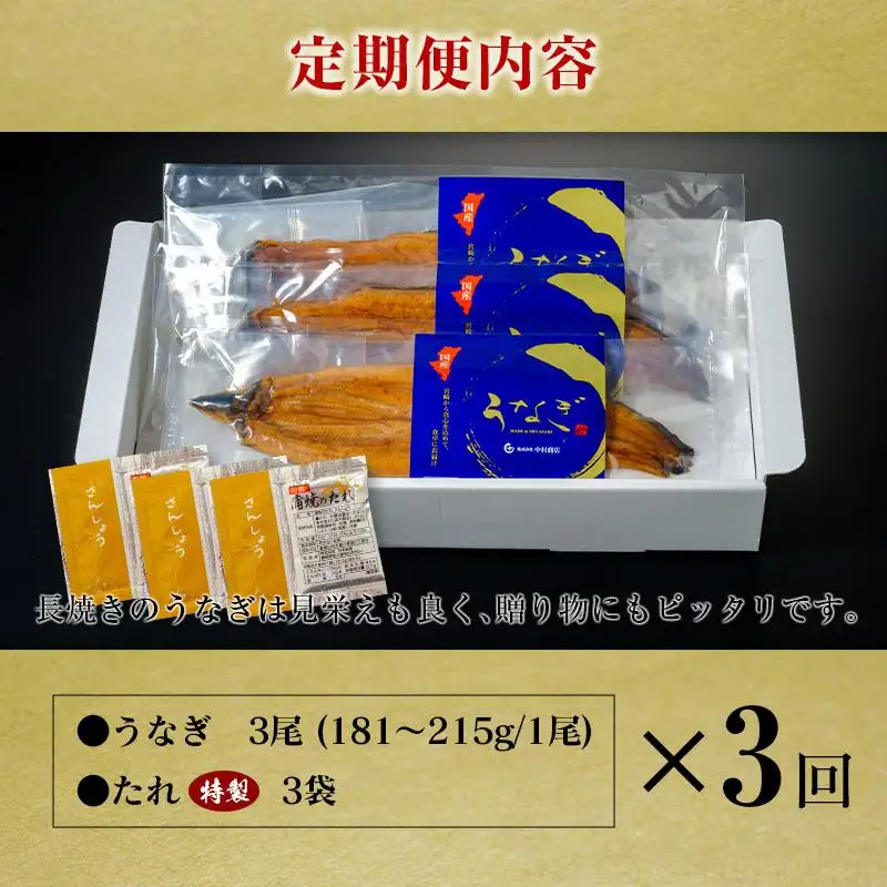 ＜定期便＞3尾×全3回 国産 うなぎ 蒲焼 有頭 計1.6kg以上（1回あたり 計543g以上） たれ付き 宮崎県産 鰻 中村商店