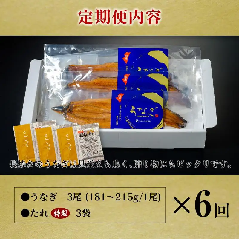 ＜定期便＞3尾×全6回 国産 うなぎ 蒲焼 有頭 計3.2kg以上（1回あたり 計543g以上） たれ付き 宮崎県産 鰻 中村商店