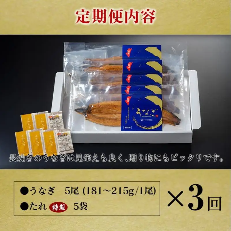 ＜定期便＞5尾×全3回 国産 うなぎ 蒲焼 有頭 計2.7kg以上（1回あたり 計905g以上） たれ付き 宮崎県産 鰻 中村商店