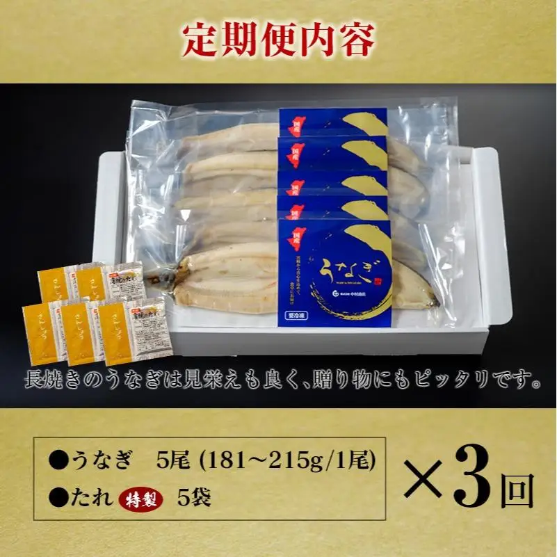 ＜定期便＞5尾×全3回 国産 うなぎ 白焼 有頭 計2.7kg以上（1回あたり 計905g以上） たれ付き 宮崎県産 鰻 中村商店