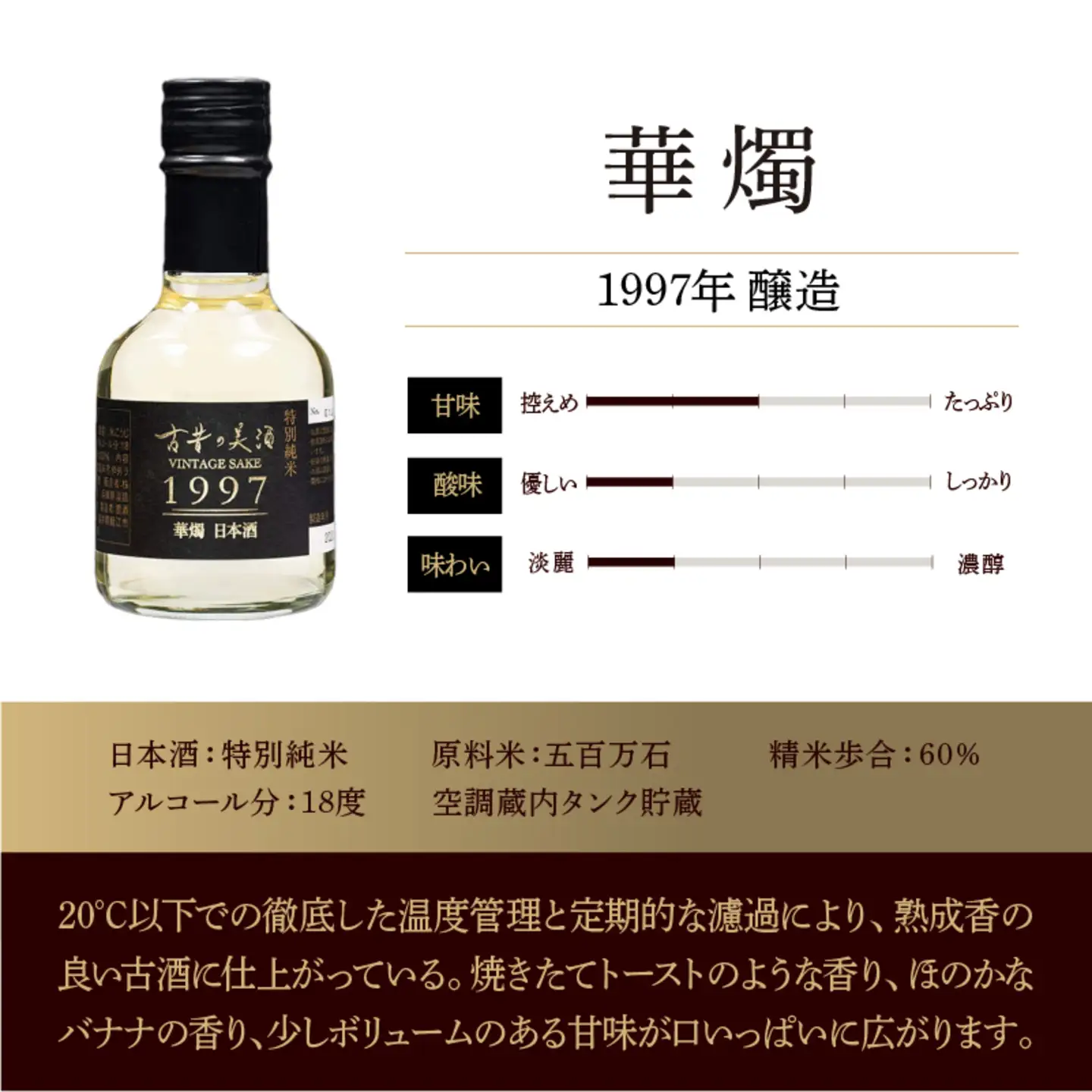 熟成日本酒「古昔の美酒 1997年 華燭」特別純米酒