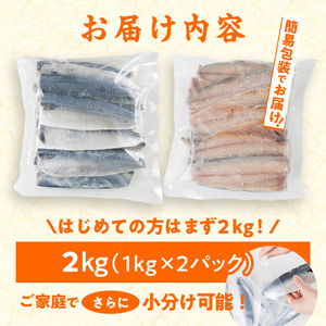 ＜訳あり・不揃い＞ 塩さば フィーレ (計2kg・1kg×2袋) サバ 鯖 切り身 フィレ 有塩 国産 パラパラ冷凍 小分け 便利 簡単【HX003】【山田水産】