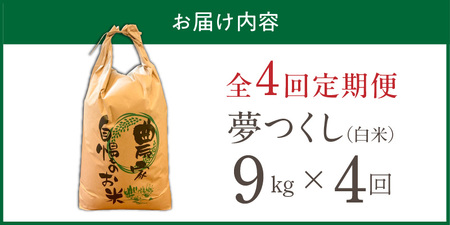 【定期便4回】【令和8年産 新米】福岡県産ブランド米夢つくし 白米 9kg×4回 _  夢つくし 9kg 4回 定期便 福岡県産 久留米産 ブランド米 精米 品種 艷やか 光沢 やわらかい 食感 米 ご飯 白ご飯 おにぎり 弁当 食品 お取り寄せ 福岡県 久留米市 送料無料  〔Tk104-04〕