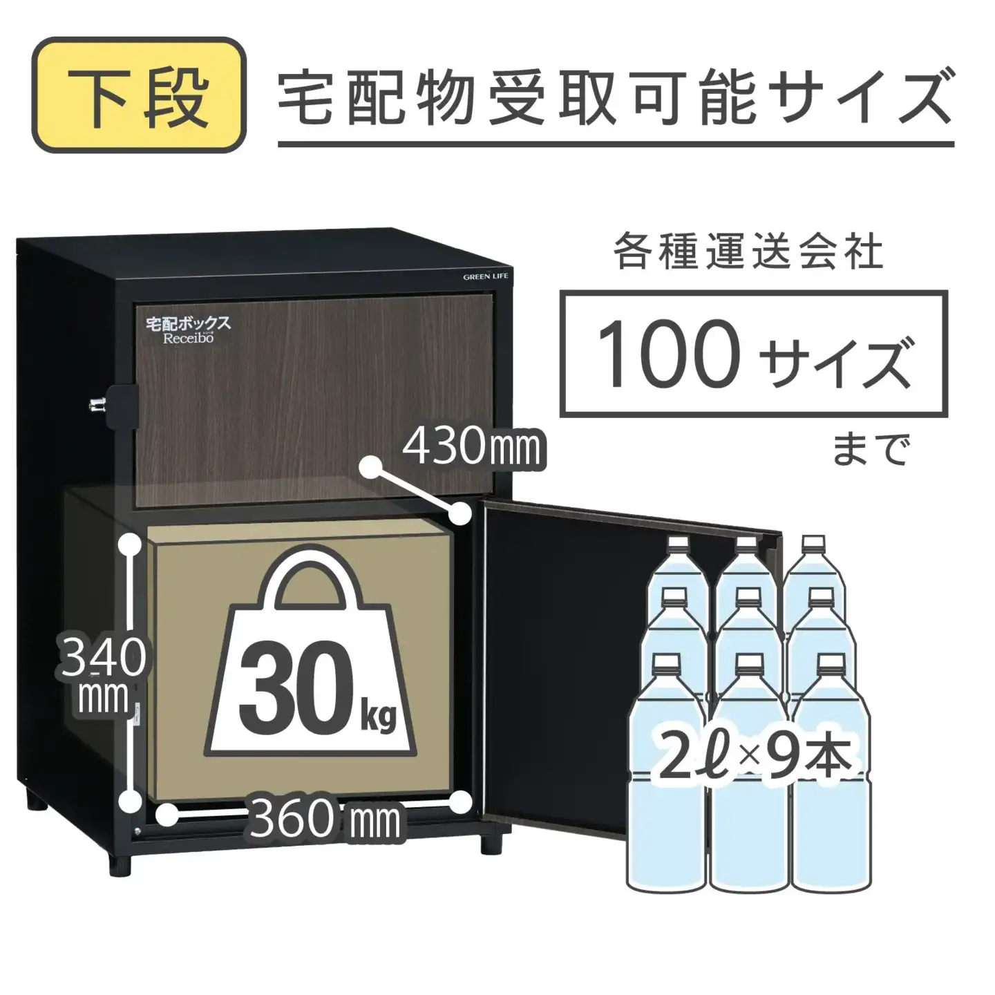 二段宅配ボックス レシーボ 木目調 鍵付き 戸建住宅用 防雨 防水 屋外 要組立 日本製 TRM2-4568(BK) グリーンライフ