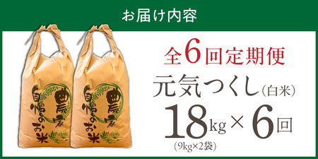 【定期便6回】【令和8年産 新米】福岡県産ブランド米元気つくし 白米 18kg×6回 _  元気つくし 18kg  お届け回数 6回 定期便 福岡県産 ブランド米 精米 新米 福岡生まれ 品種 香り豊か ふっくら 食感 ご飯 白ご飯 おにぎり 弁当 お米 食品 お取り寄せ 九州 久留米市産 福岡県 久留米市 送料無料  〔Tk113-06〕