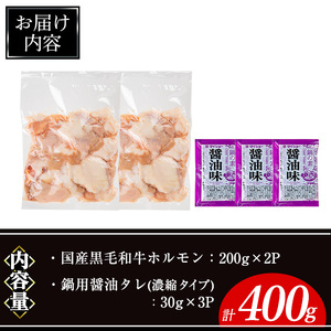 国産 黒毛和牛 ホルモン 計400g(200g×2P) &鍋用醤油タレ(濃縮タイプ：30g×3P)  牛肉 【ナンチク】A995