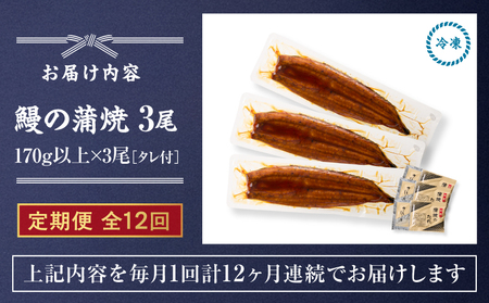【 全12回 定期便 】 鰻 の 蒲焼 3尾（170g×3） KN026-T07 うなぎ 惣菜 総菜 魚