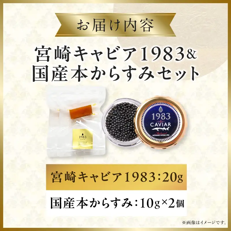 宮崎キャビア1983(20g)&国産本からすみ(10g×2個)セット 宮崎キャビア1983 ジャパンキャビア トラディショナルキャビア G7サミット 国際線ファーストクラス 熟成キャビア 宮崎県産 チョウザメ 岩塩 本からすみ 国産 ぼら ボラ 真子 珍味