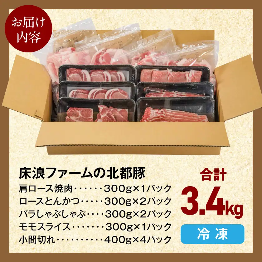 床浪ファームの北都豚食べ比べ3.4kg_17-N2-018-3400_(都城市)ミヤチク 床浪ファームの北都豚 焼肉 とんかつ しゃぶしゃぶ スライス 小間切れ 食べ比べ