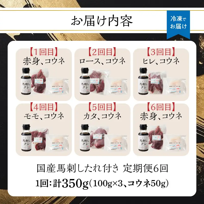 贅沢 国産 馬刺し コウネセット 350g たれ付き 6回定期便 【赤身×2・ロース・ヒレ・モモ・カタ】 馬刺し 馬刺 国産 肉 馬肉 食べ比べ 国産馬刺し 赤身 ロース ヒレ モモ カタ コウネ たれ付き 6回 定期便 おつまみ 晩酌 食べきり 小分け 福岡県 八女市 176-T002