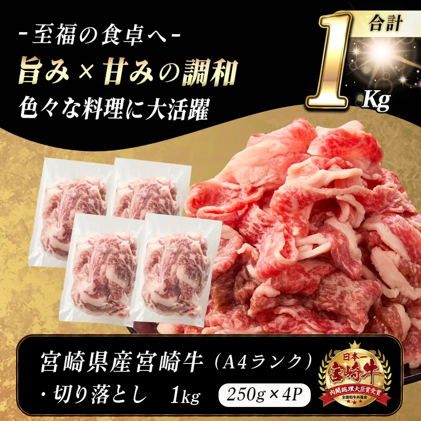 宮崎牛切り落とし1kg(真空)〔MJ-89-006-1000g-s〕_(都城市) 牛肉 国産黒毛和牛 ブランド牛切り落とし肉 1キロ 小分け 真空パック 牛丼 炒め物に