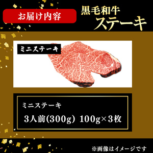 鹿児島県産黒毛和牛ミニステーキ(3人前300g/100g×3枚) 黒毛和牛 和牛 ステーキ 牛肉 国産 日本一 人気 贈答 冷凍 a8-091