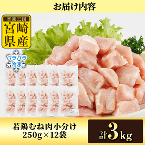 鶏肉 むね肉 小分け 個別凍結(計3kg 250g×12P) お肉 鳥肉 とり肉 鶏肉 若鶏 むね肉 国産 宮崎県産 唐揚げ から揚げ からあげ 冷凍 便利 【NK-20】【南九フーズ】