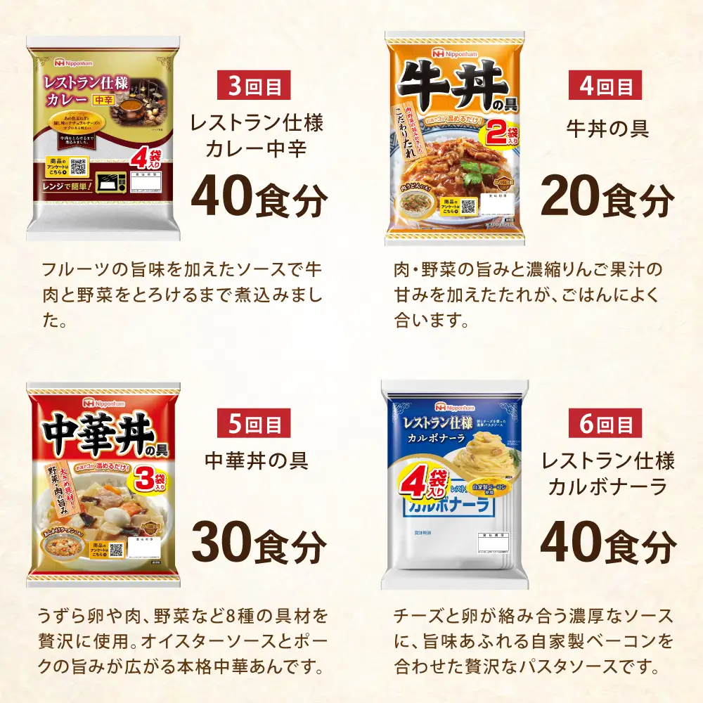 【6回定期便】仕送り定期便（バランスコース） 6種 200食分 / 小分け レトルト カレー レトルトカレー どんぶり 丼 パスタ パスタソース 簡単 温める　レンジ レンチン 仕送り 大学生 一人暮らし 単身赴任 防災 保存食 長期保存 常温 / 諫早市 / 日本ハム[AHAL027]