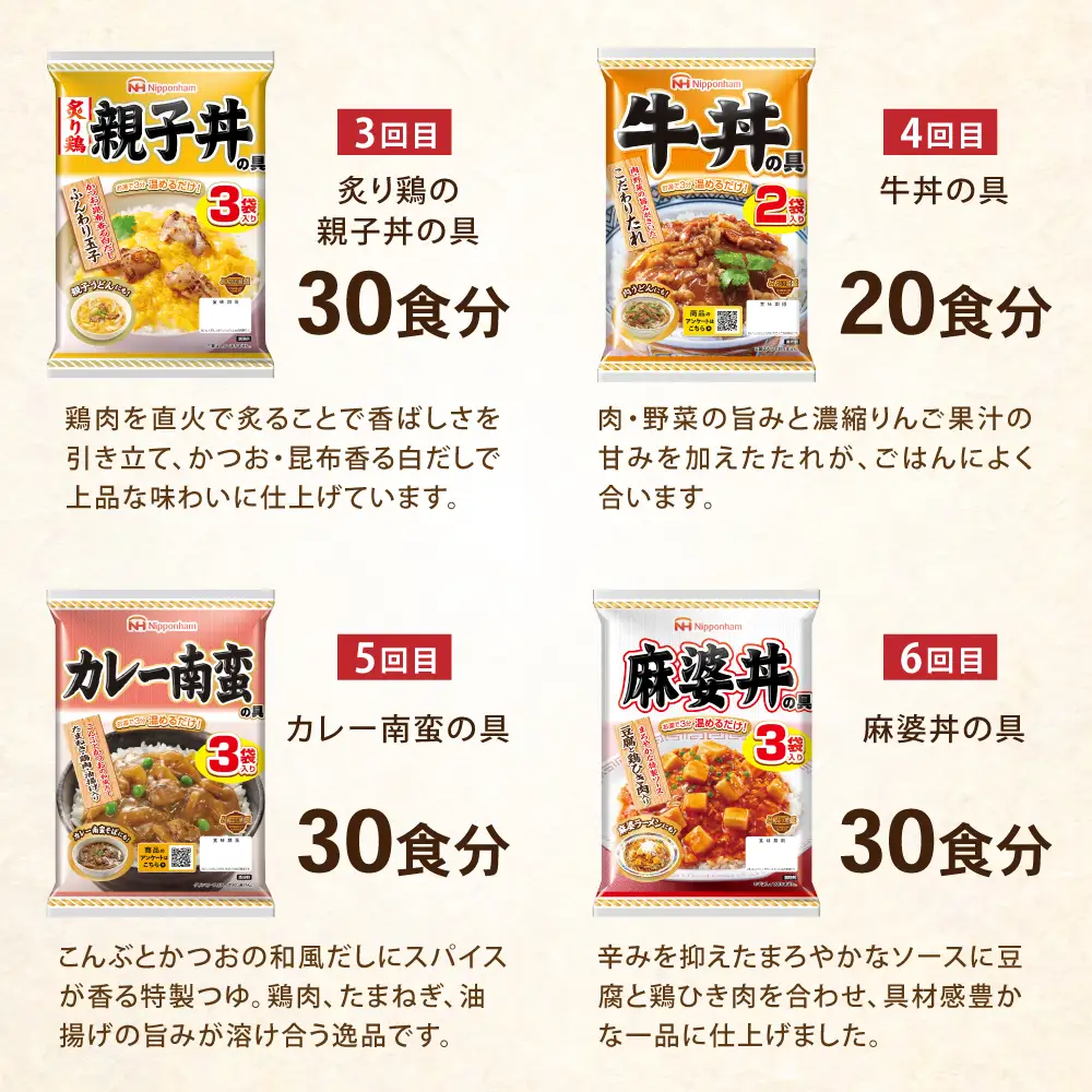 【6回定期便】仕送り定期便（丼コース） 6種 170食分 / 小分け レトルト どんぶり 丼 簡単 温める 仕送り 大学生 一人暮らし 単身赴任 防災 保存食 長期保存 常温 / 諫早市 / 日本ハム[AHAL029]