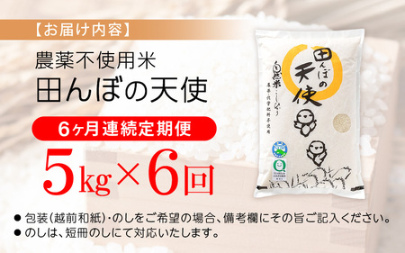 【中日賞受賞】《6ヶ月定期便》農薬不使用 特別栽培米コシヒカリ【精米】 5kg×6ヶ月  計30kg  福井県認証区分1取得「田んぼの天使」  [e10-k003]