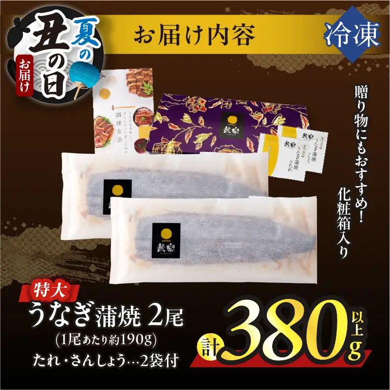 【夏の丑の日までにお届け!!】うなぎ蒲焼特大2尾(さんしょう・たれ付き)計380g以上 鰻 魚 魚介 加工品 国産_T026-0065-US2