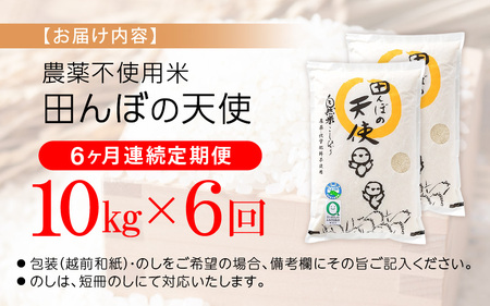 【中日賞受賞】《6ヶ月定期便》農薬不使用 特別栽培米コシヒカリ【精米】10kg×6ヶ月  計60kg  福井県認証区分1取得「田んぼの天使」【5キロ 】 [e10-o003]