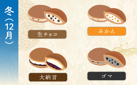 お菓子のひろせ「季節の生どら焼き定期便」春（4月）夏（7月）秋（10月）冬（12月）それぞれ8個ずつお届け 計32個