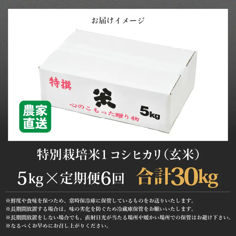 【先行予約】【令和8年産 新米】定期便《6ヶ月連続お届け》コシヒカリ 玄米 5kg × 6回（計30kg）特別栽培米 農薬不使用 化学肥料不使用 ／ 残留農薬ゼロ 高品質 鮮度抜群 福井県産 ブランド米 ※2026年10月上旬以降順次発送 [aw063-i002]