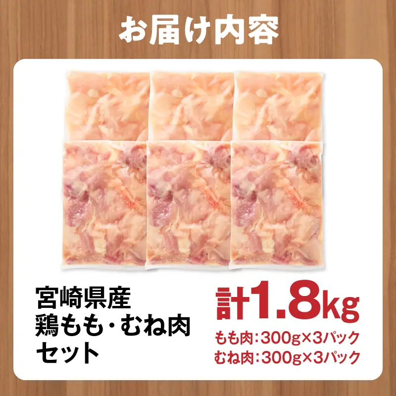 鶏肉 宮崎県産 もも肉 むね肉 セット 1.8kg 鶏肉[300g×6P]