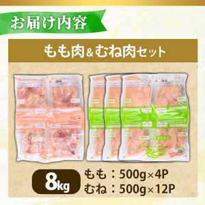 No.1359-C 鹿児島県産若鶏もも肉・むね肉(計約8kg・もも4P/むね12P) 国産 九州産 鹿児島県産 鶏肉 若鶏 とり肉 もも肉 モモ肉 むね肉 ムネ肉 小分け 肉 冷凍 おかず お弁当 おつまみ 唐揚げ チキン南蛮 サラダチキン 【南九フーズ】