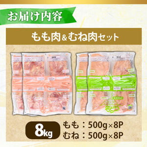 No.1359-D 鹿児島県産若鶏もも肉・むね肉(計約8kg・もも8P/むね8P) 国産 九州産 鹿児島県産 鶏肉 若鶏 とり肉 もも肉 モモ肉 むね肉 ムネ肉 小分け 肉 冷凍 おかず お弁当 おつまみ 唐揚げ チキン南蛮 サラダチキン 【南九フーズ】