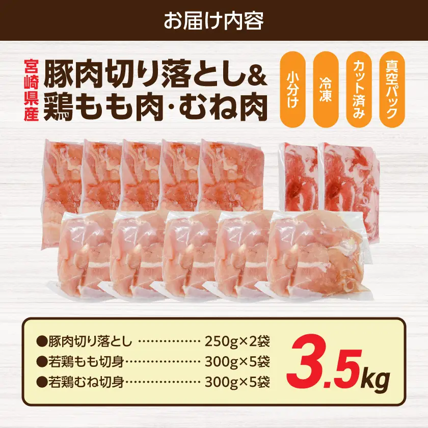 宮崎県産豚肉切り落とし&鶏もも肉・むね肉(カット済)【総重量3.5kg】〔13E-M6-003-3500g〕_(都城市) 宮崎県産豚肉 切り落とし 宮崎県産若鶏 もも切身 むね切身 真空パック 小分け 若鶏 唐揚げ チキン南蛮 てりやきチキン カレー ストック